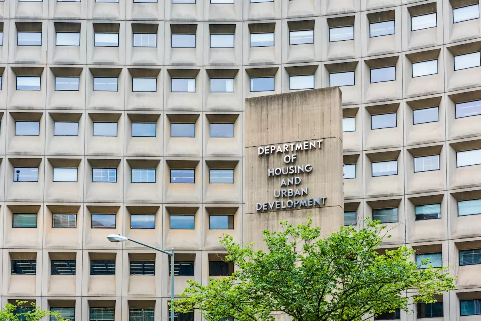 Modernist concrete facade of Department of Housing and Urban Development headquarters building in Washington, D.C.